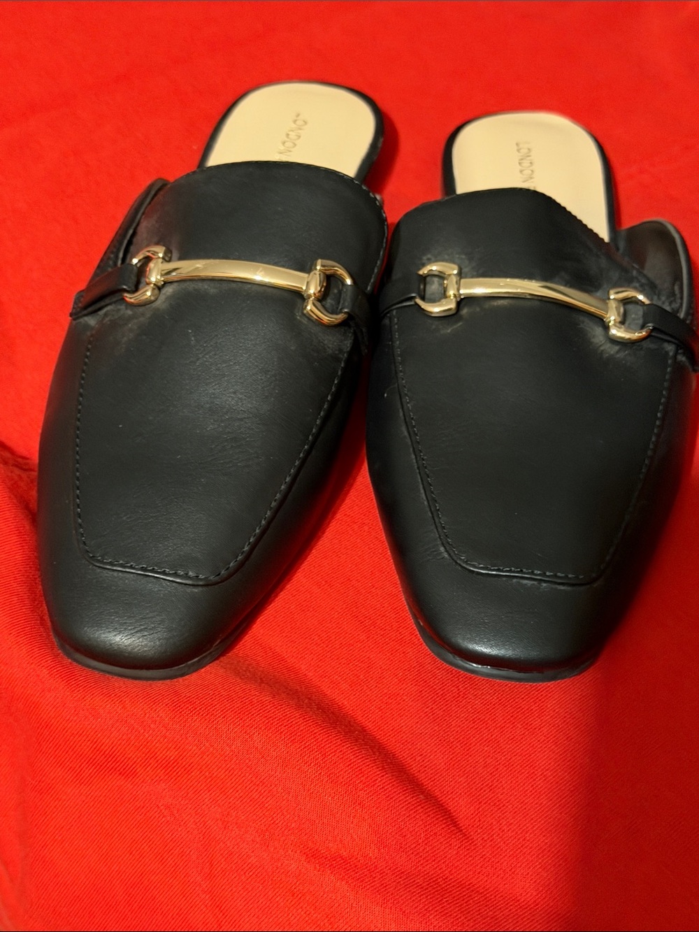 Black Leather Slip-On Mules with Gold Bit Accent